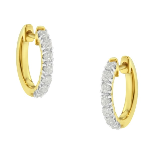 10K Yellow Gold Womens Baguette Diamond Half J Hoop Earrings 1/6 Cttw 